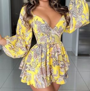 🆕 💕 Print Mini Dress Lantern Sleeve Layered Ruffles Paisley Short Dress